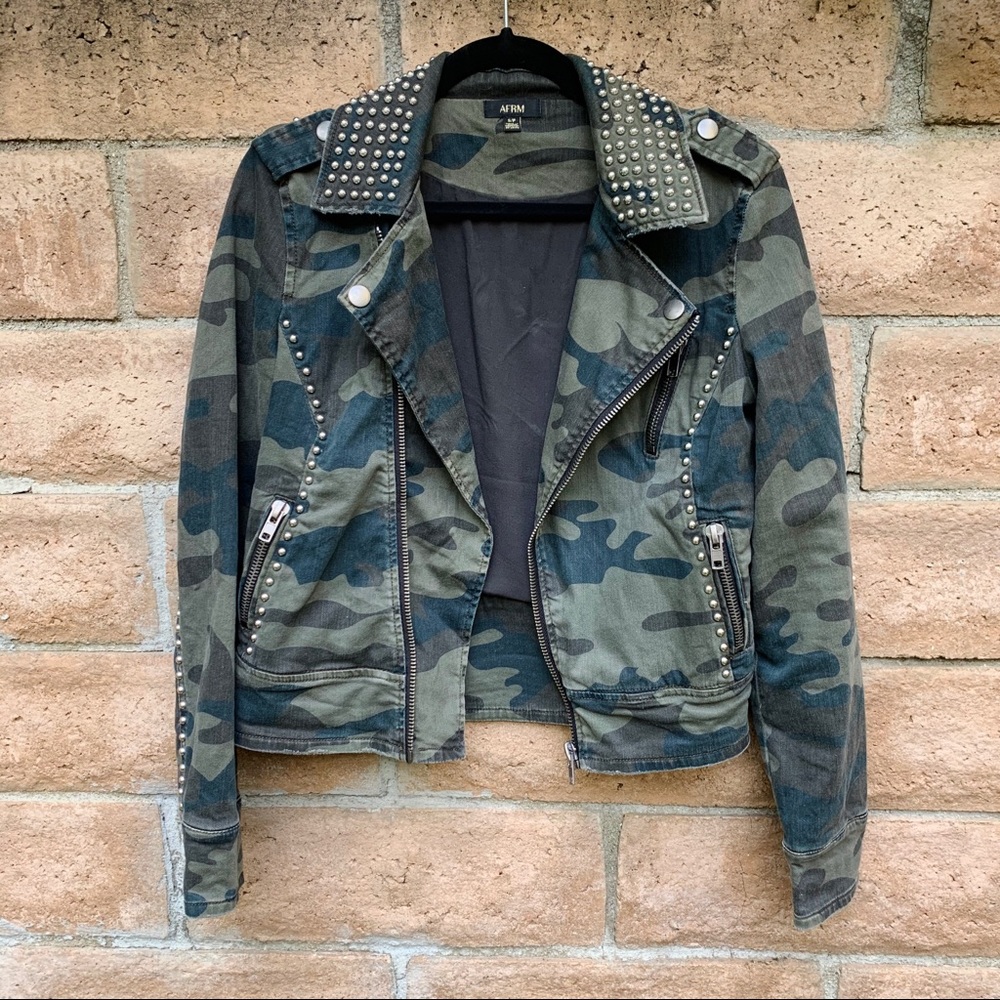 AFRM studded camo denim moto jacket